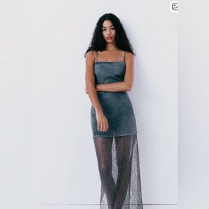 Zara Gray Midi Dress with Sheer Overlay